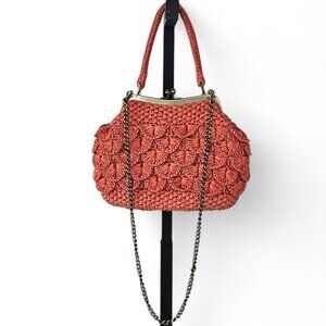 Patricia Nash Laureana Coral Raffia Frame Top Handle Bag Chain Strap